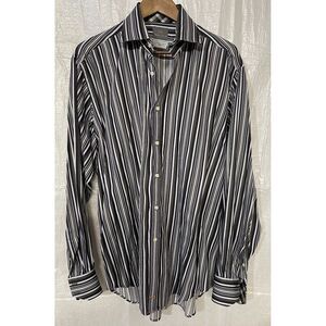 Thomas Dean Men's Long Sleeve Button‎ Up Striped Shirt With Reversible Cuffs XL